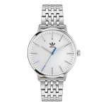 ADIDAS AOSY22022 Silver Adidas wristwatch with a minimalist white face, blue accented hands, and a sleek stainless steel bracelet.